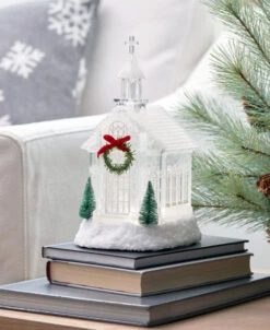 LED Lighted Church Water Lantern With Evergreens And Wreath - 10.5 Inch