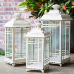 Set Of 3 Antique White Candle Lanterns - 14