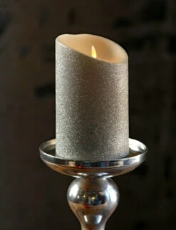 Moving Flame Silver Glitter Candle Battery Operated 3.5 X 5 Timer - Remote Ready -Battery Operated Candles Shop moving flame silver glitter side view