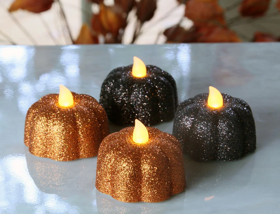 4 Pack Glitter Pumpkin LED Tealights - Orange And Chocolate 3 4 Pack Glitter Pumpkin LED Tealights - Orange And Chocolate