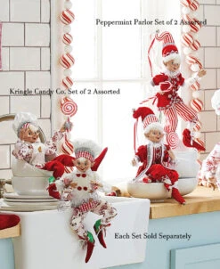 Peppermint Parlor 16 Inch Posable Elf Figurine, Set Of 2 Assorted NEW -Battery Operated Candles Shop peppermint and kringle