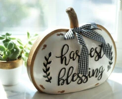 Set Of 3 Assorted Resin Harvest Pumpkin Signs With Black And White Checked Bow 8.2 Inch -Battery Operated Candles Shop pumpkin harvest blessings