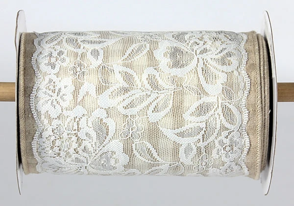 Cream And White Sack Cloth Check - Lace Overlay - 6 Inch X 5 Yards 4 Cream And White Sack Cloth Check - Lace Overlay - 6 Inch X 5 Yards - Image 2