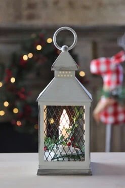 Holiday Brushed White Candle Lantern With Berries And Holly - 9.25 Inch - 8 Hr Timer -Battery Operated Candles Shop ren white lantern with wire 2
