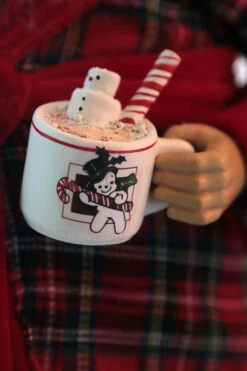 Tall 17.5 Inch Santa Figurine In Robe With Teddy And Hot Cocoa -Battery Operated Candles Shop santa in robe cocoa