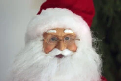 Tall 17.5 Inch Santa Figurine In Robe With Teddy And Hot Cocoa -Battery Operated Candles Shop santa in robe face