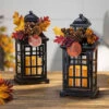 Set Of 2 Battery Operated Lighted Fall Metal Lanterns With Floral Accents And Timer -Battery Operated Candles Shop set of fall lanterns