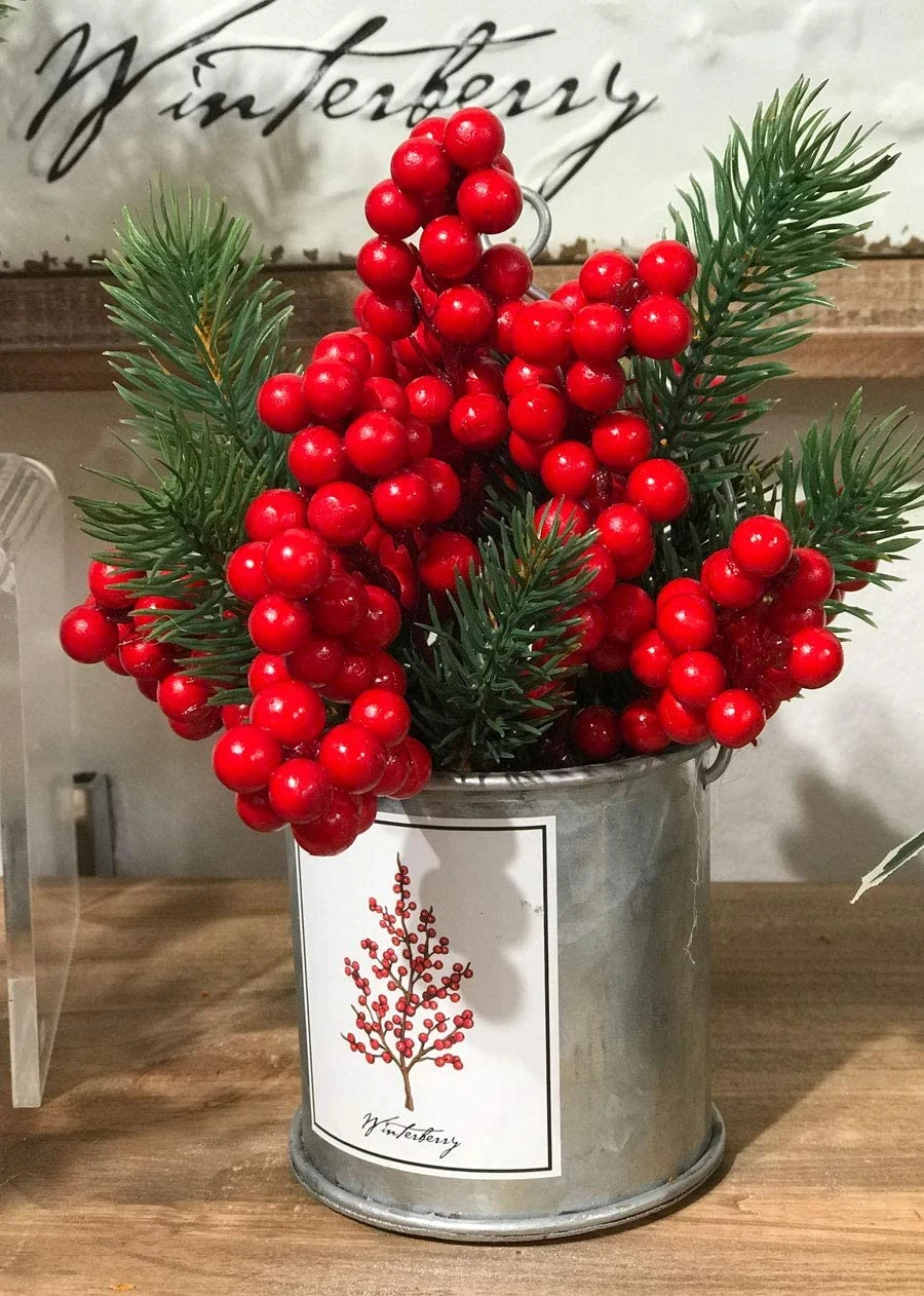 Winterberry, Pine, Holly And Mistletoe Assorted 4 In Galvanized Decorative Buckets 7 Winterberry, Pine, Holly And Mistletoe Assorted 4 In Galvanized Decorative Buckets - Image 5